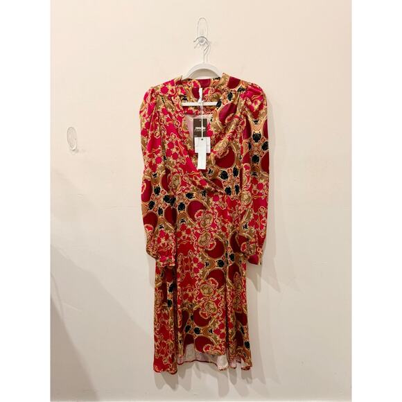 NWT Imperial Printed Silky Faux Wrap Midi Dress Burgundy/Yellow/Black Women's L - Picture 1 of 5